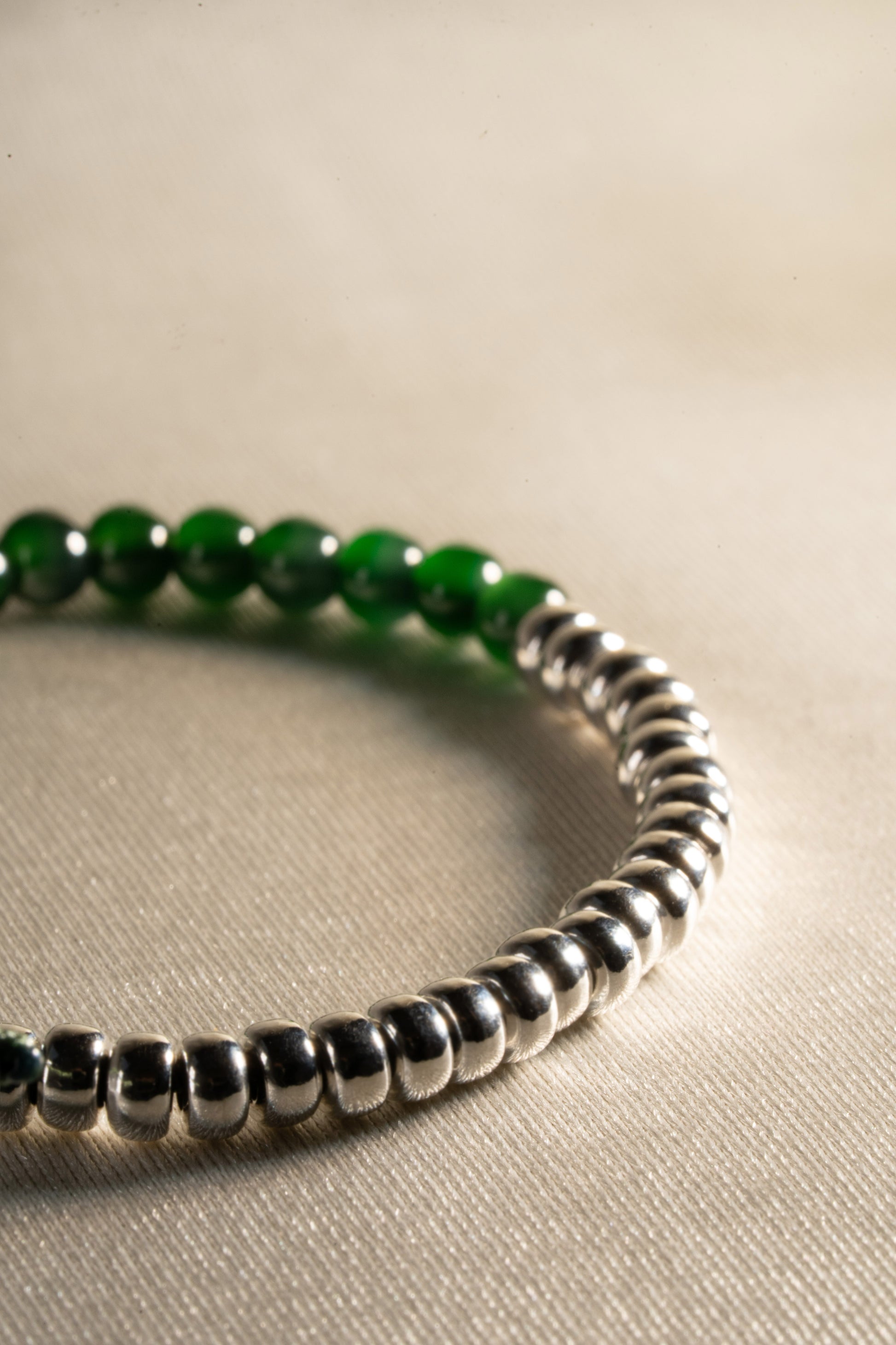 Deep Green Jadeite Beads Bracelet with 925 Silver Nuggets