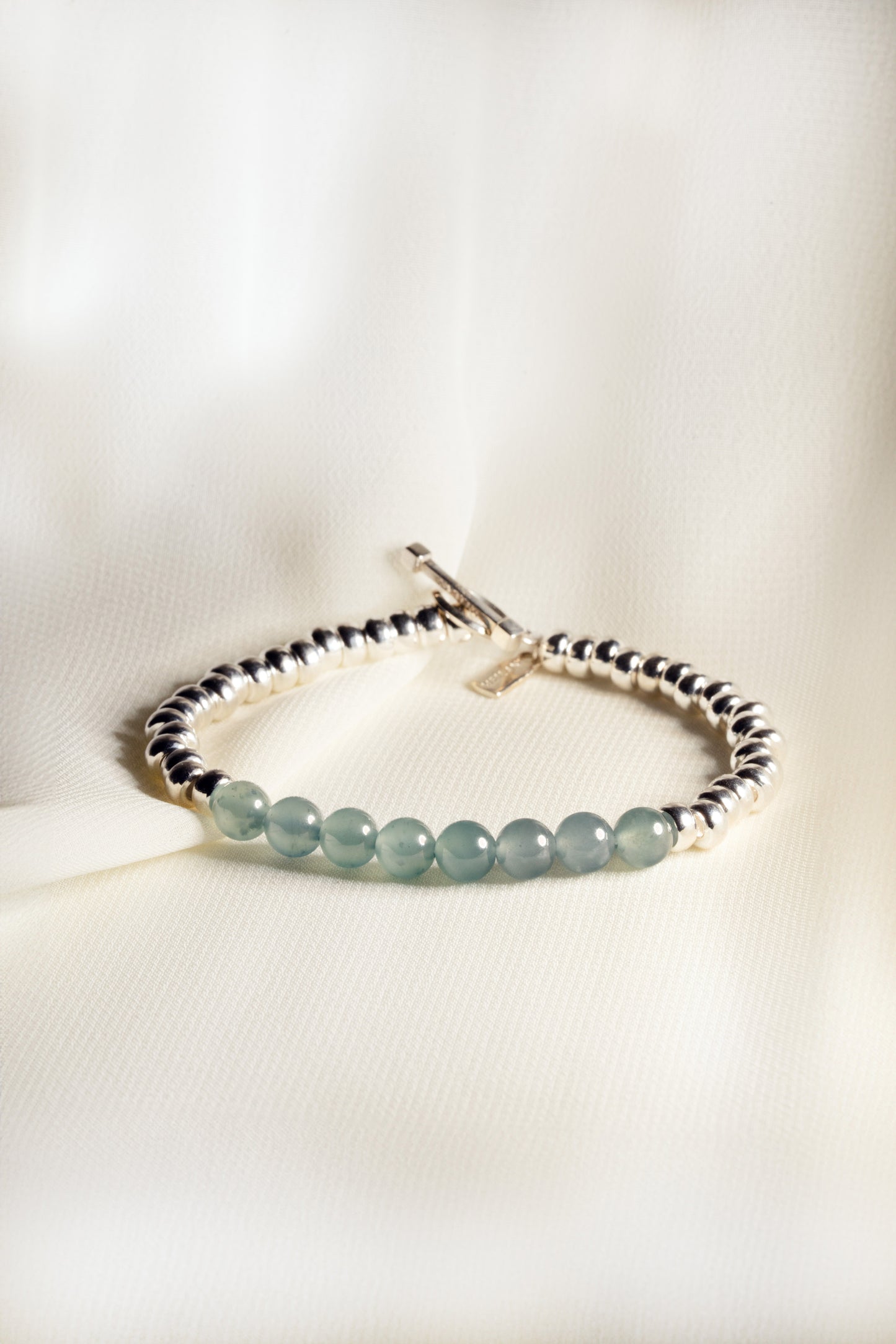 Bluish Green Jadeite with 925 Silver Nuggets Bracelet