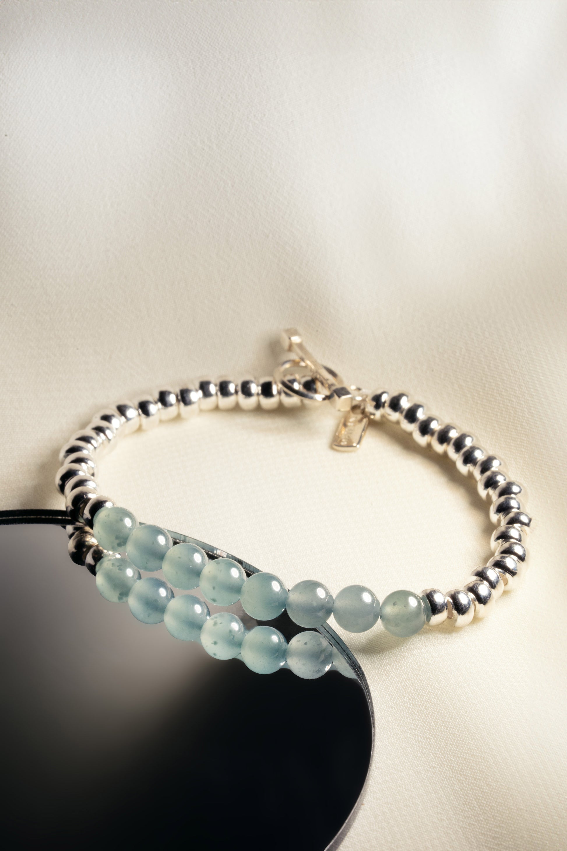 Bluish Green Jadeite with 925 Silver Nuggets Bracelet