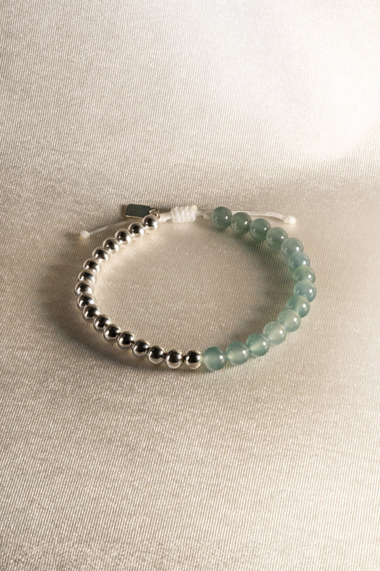 Bead Bracelet - Bluish Green Jadeite Beads & 925 Silver Nuggets - #15