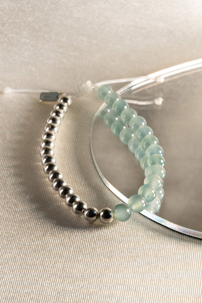 Medium Bluish Green Jadeite Bracelet with 925 Silver Nuggets