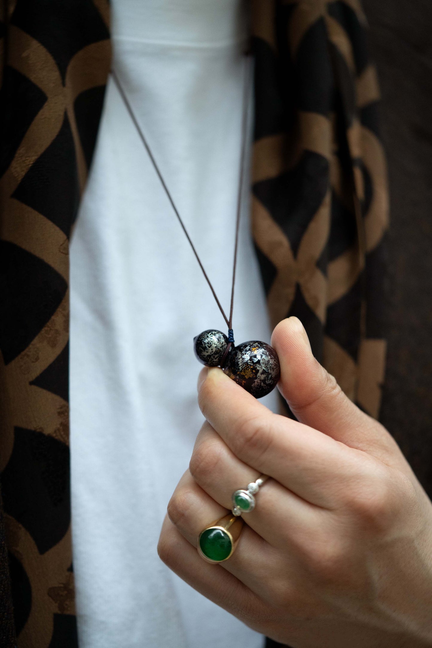 Black Multicolored Lacquer Wulu Pendant matches with Serene Silk Scarf