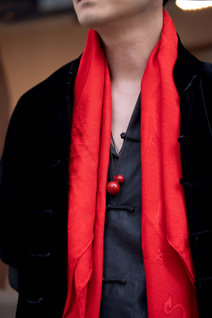 Plain Red Lacquer Wulu Pendant matches with Red Square Silk Scarf with Dragon Motif