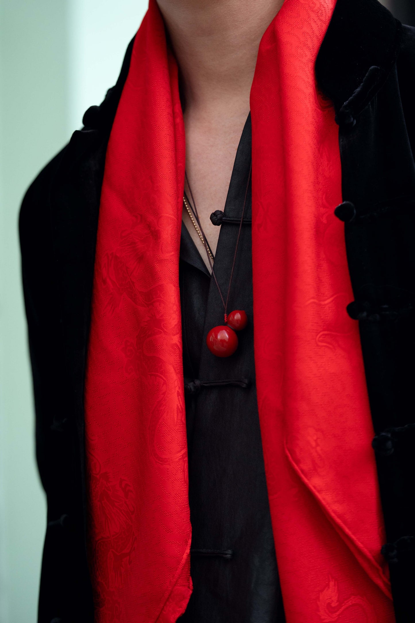Plain Red Lacquer Wulu Pendant matches with Red Square Silk Scarf with Dragon Motif