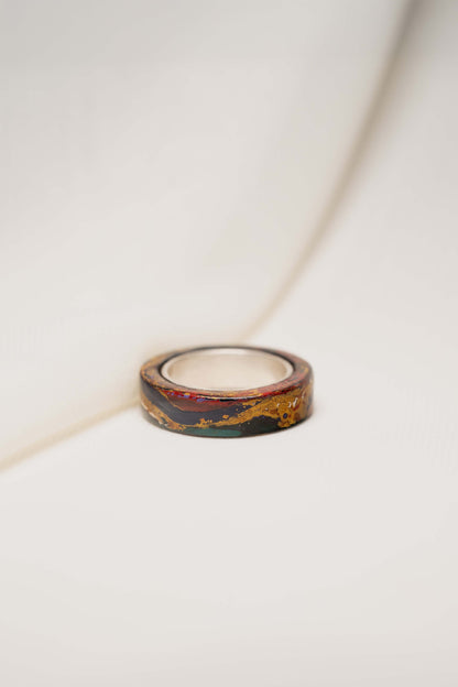Black with Gold Lacquer Ring with Red and Purple and 925 Silver