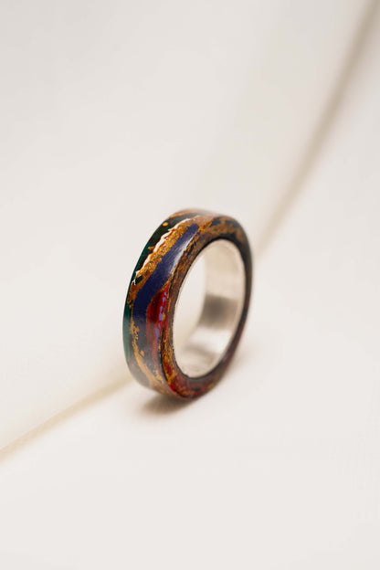 Black with Gold Lacquer Ring with Red and Purple and 925 Silver