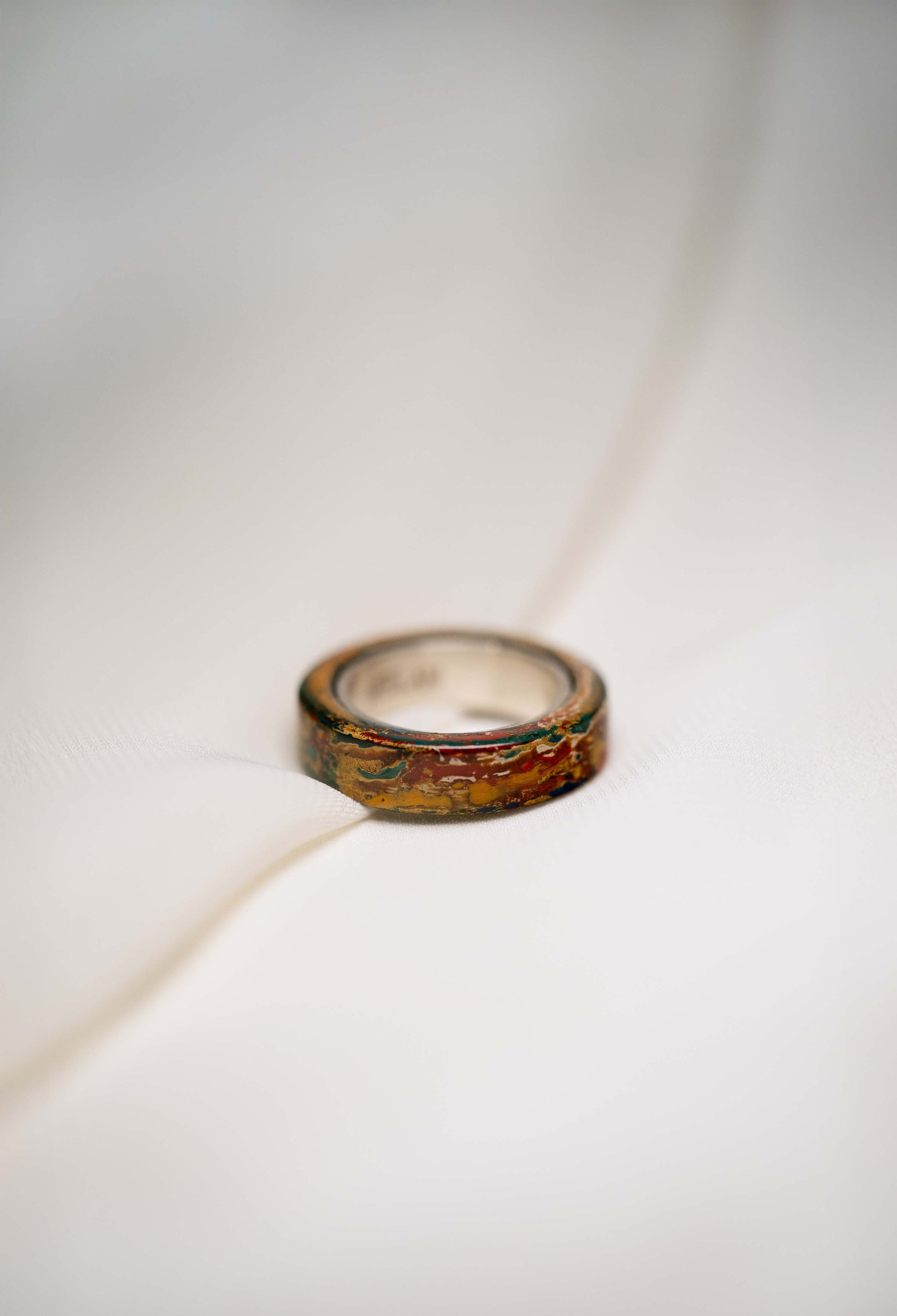 Black with Gold Lacquer Ring with Red and Green and 925 Silver