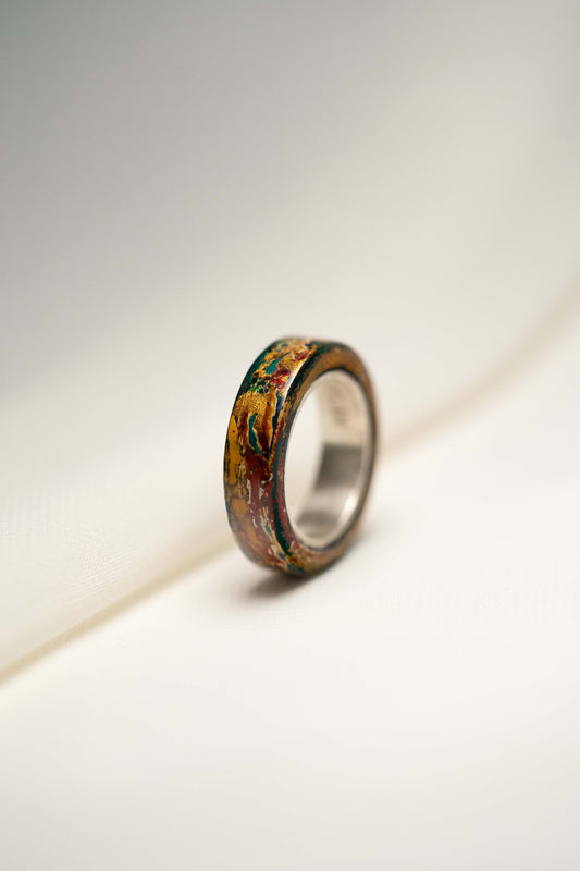 Black with Gold Lacquer Ring with Red and Green and 925 Silver