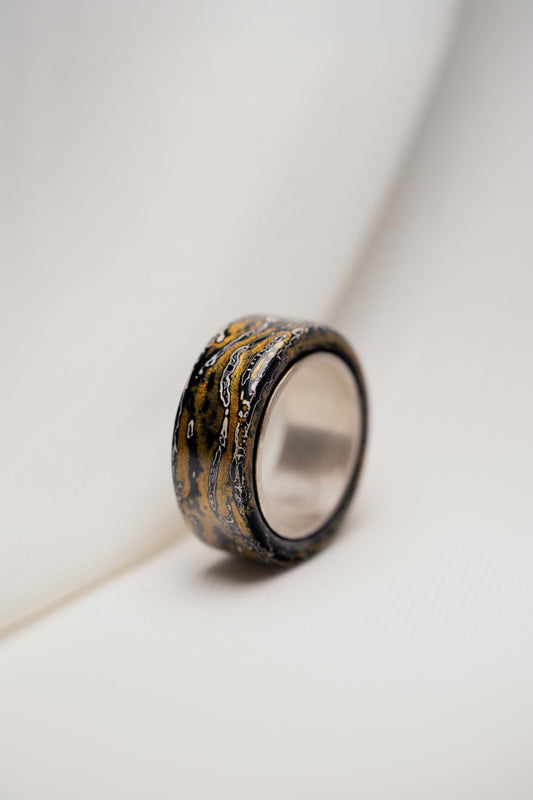 Black with Gold Lacquer Ring with 925 Silver