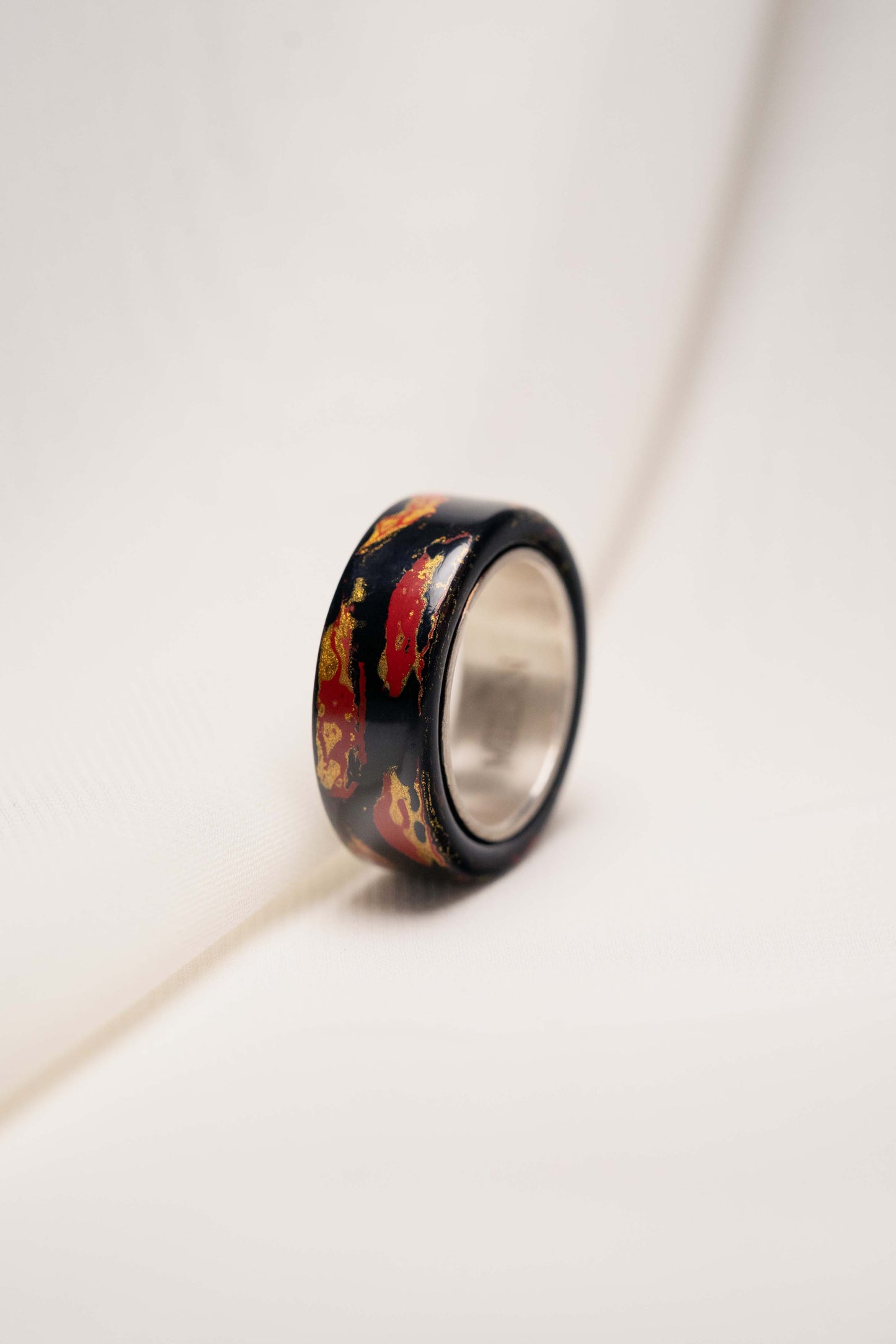 Black with Gold and Red Lacquer Ring with 925 Silver