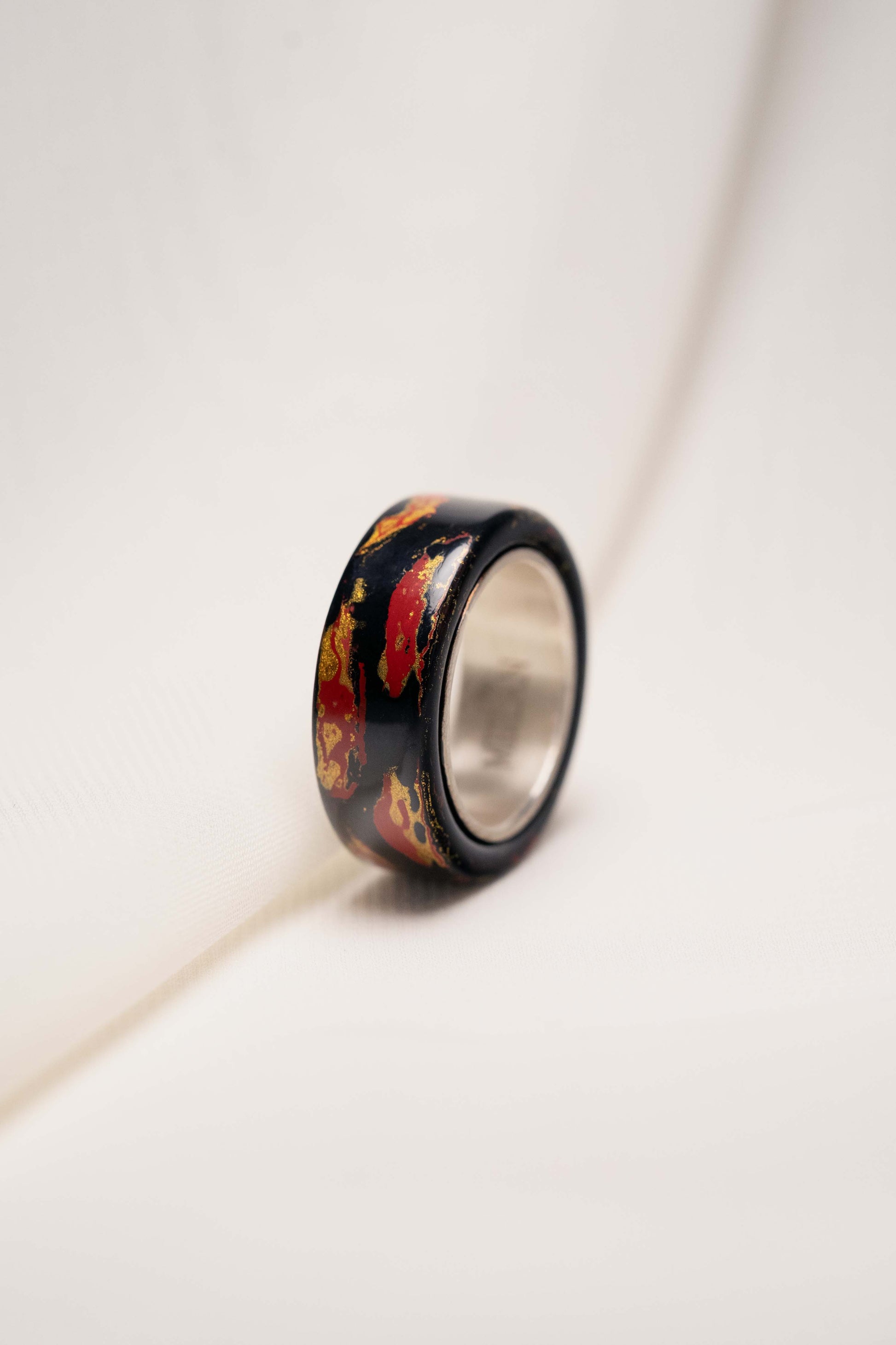 Black with Gold and Red Lacquer Ring with 925 Silver