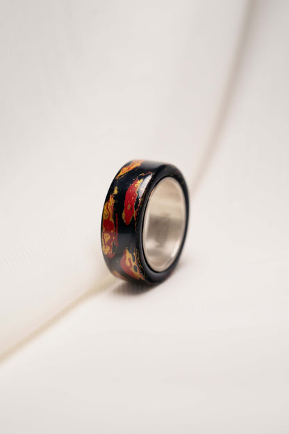 Black with Gold and Red Lacquer Ring with 925 Silver
