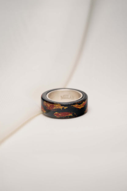 Black with Gold and Red Lacquer Ring with 925 Silver