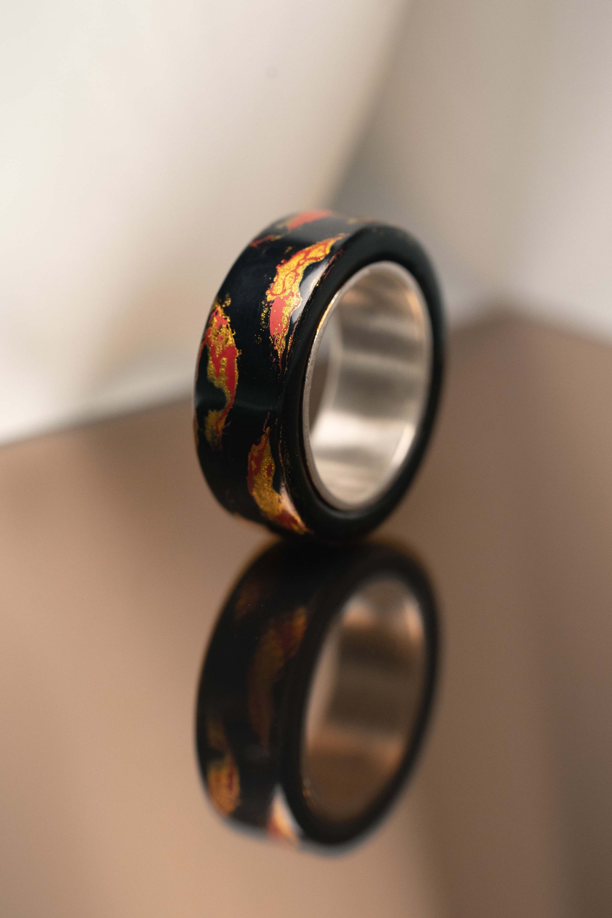 Black with Gold and Red Lacquer Ring with 925 Silver