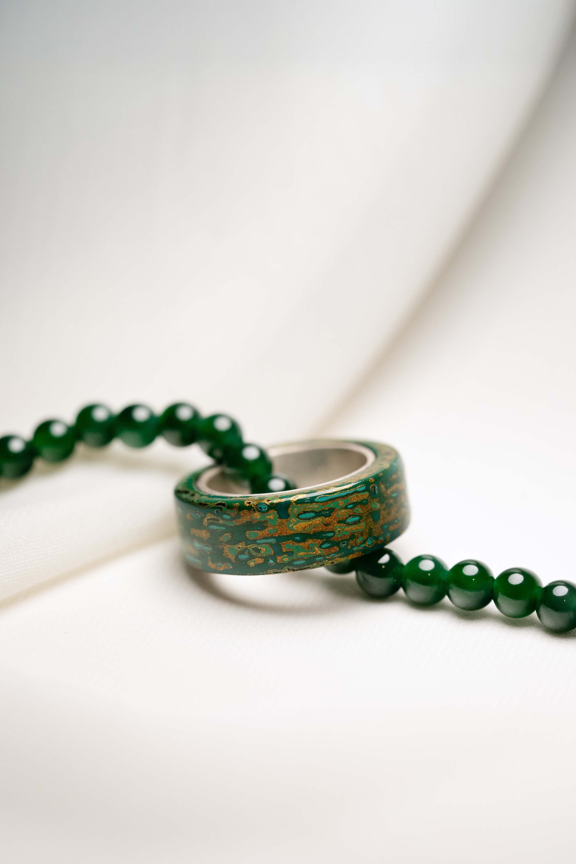 Green with Gold Lacquer Ring with 925 Silver