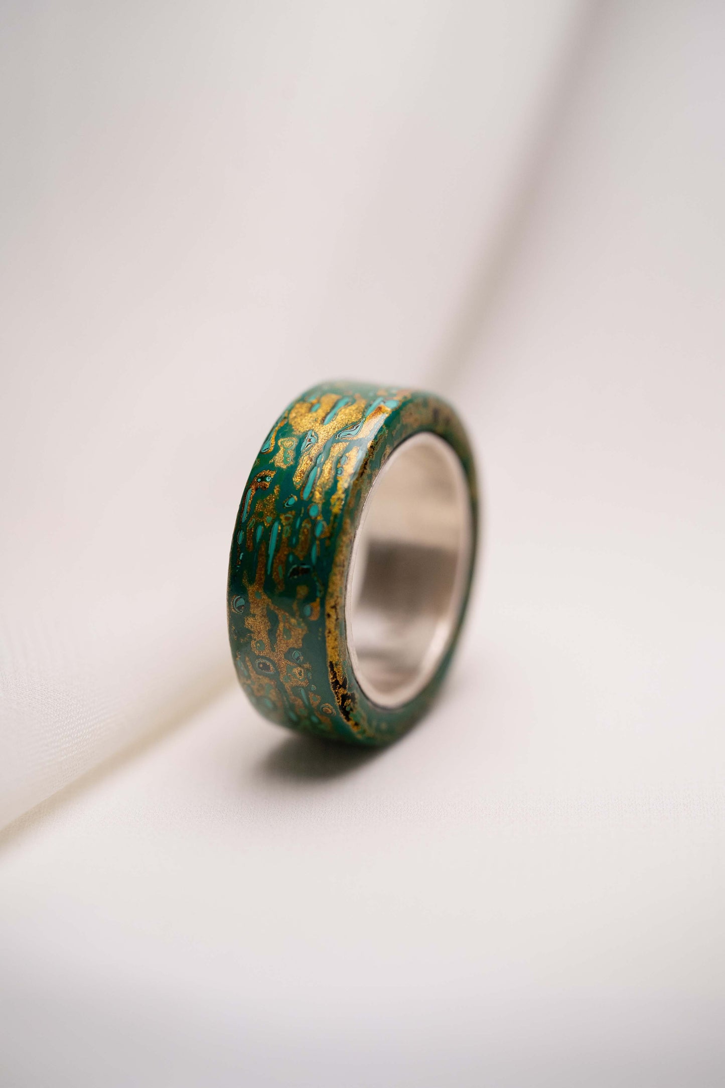 Green with Gold Lacquer Ring with 925 Silver