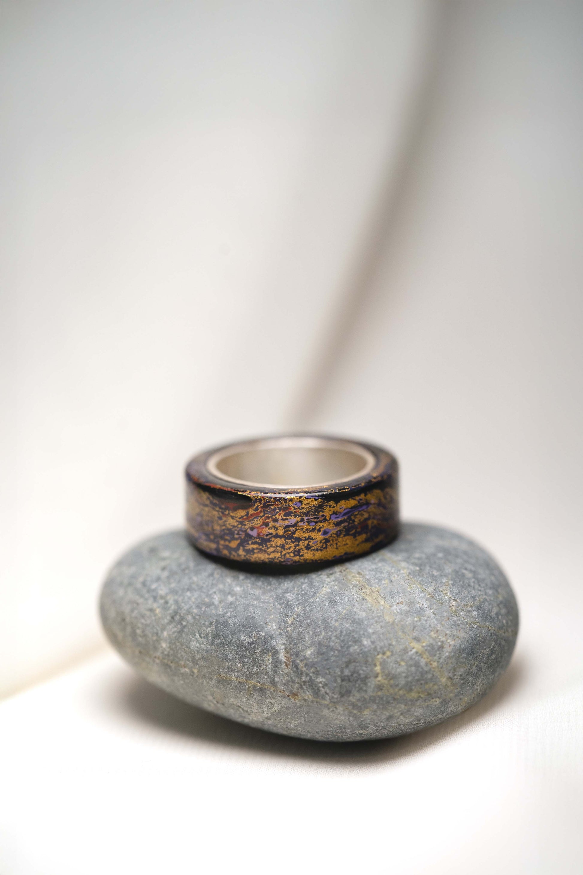 Black with Gold, Purple and Red Multicolor Lacquer Ring with 925 Silver