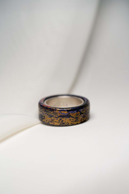 Black with Gold, Purple and Red Multicolor Lacquer Ring with 925 Silver