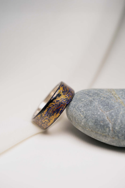 Black with Gold, Purple and Red Multicolor Lacquer Ring with 925 Silver