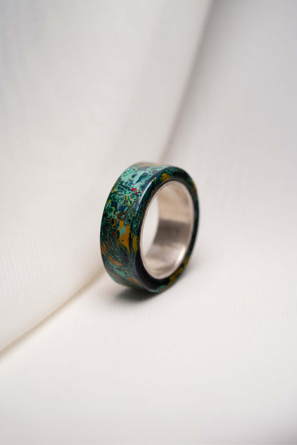 Green with Gold Lacquer Ring with 925 Silver