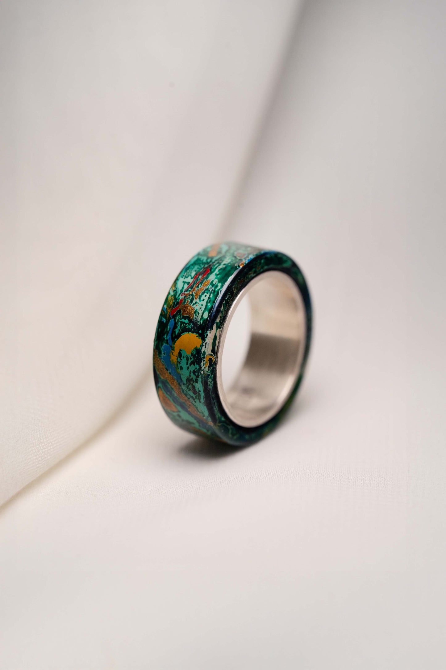 Green with Gold Lacquer Ring with 925 Silver