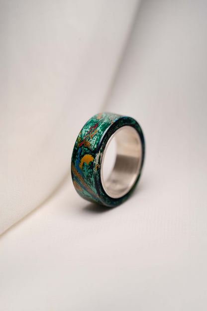 Green with Gold Lacquer Ring with 925 Silver