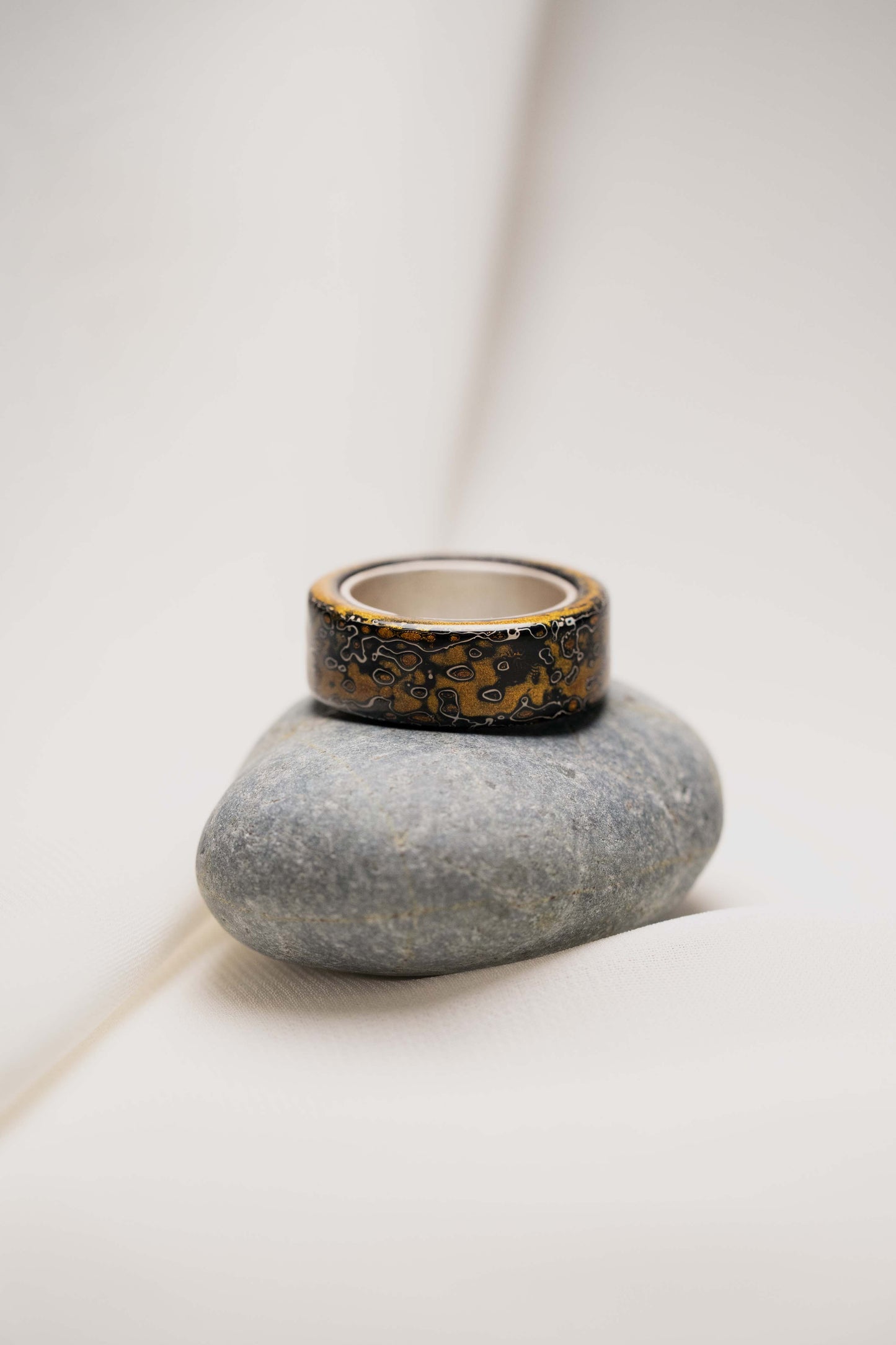 Black with Gold and White Lacquer Ring with 925 Silver