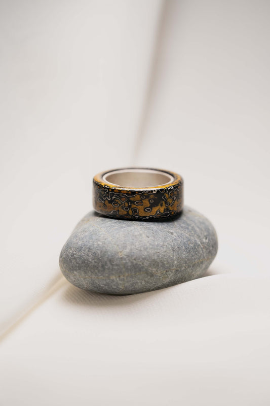 Black with Gold and White Lacquer Ring with 925 Silver