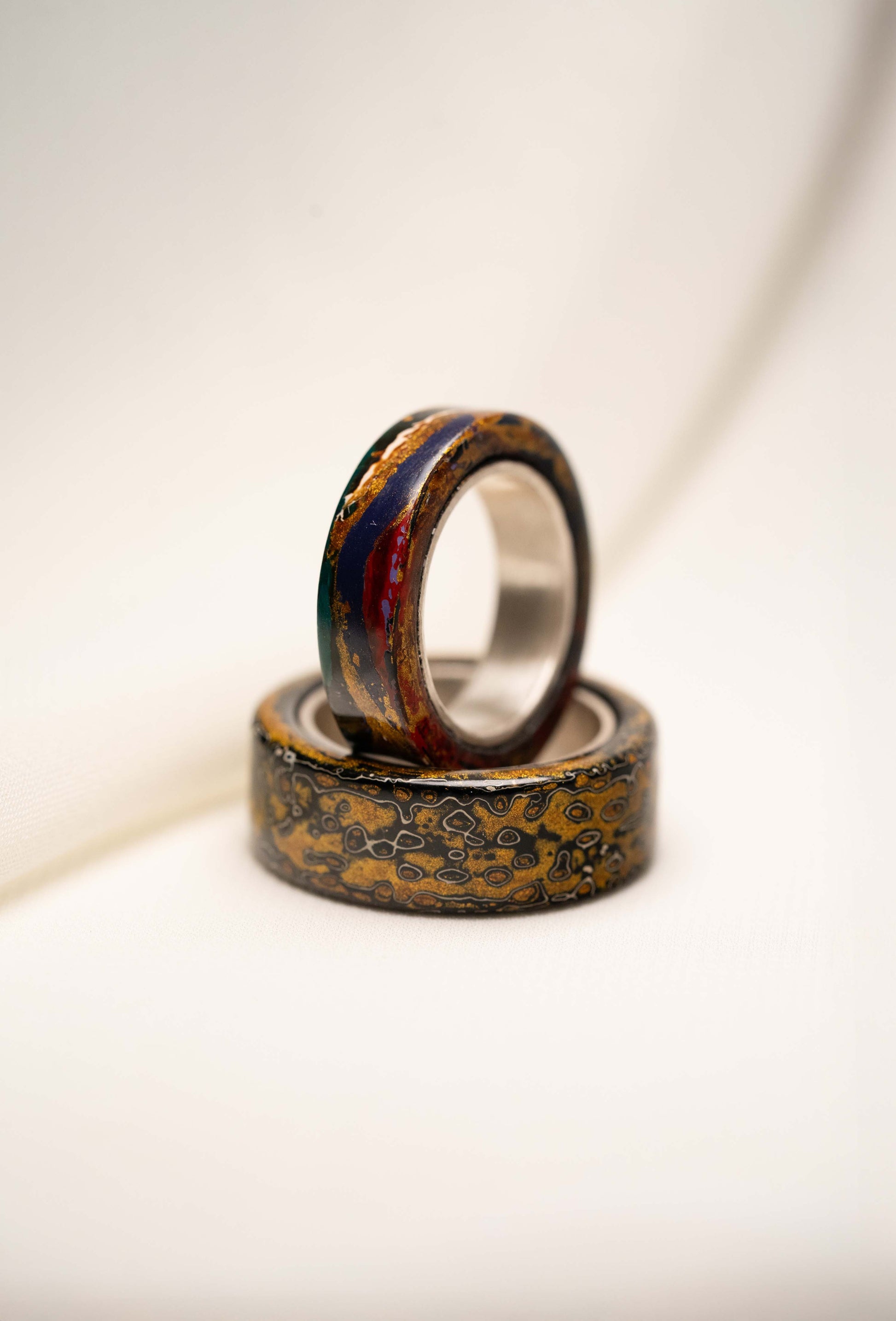 Black with Gold and White Lacquer Ring with 925 Silver