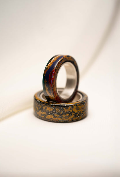 Black with Gold and White Lacquer Ring with 925 Silver