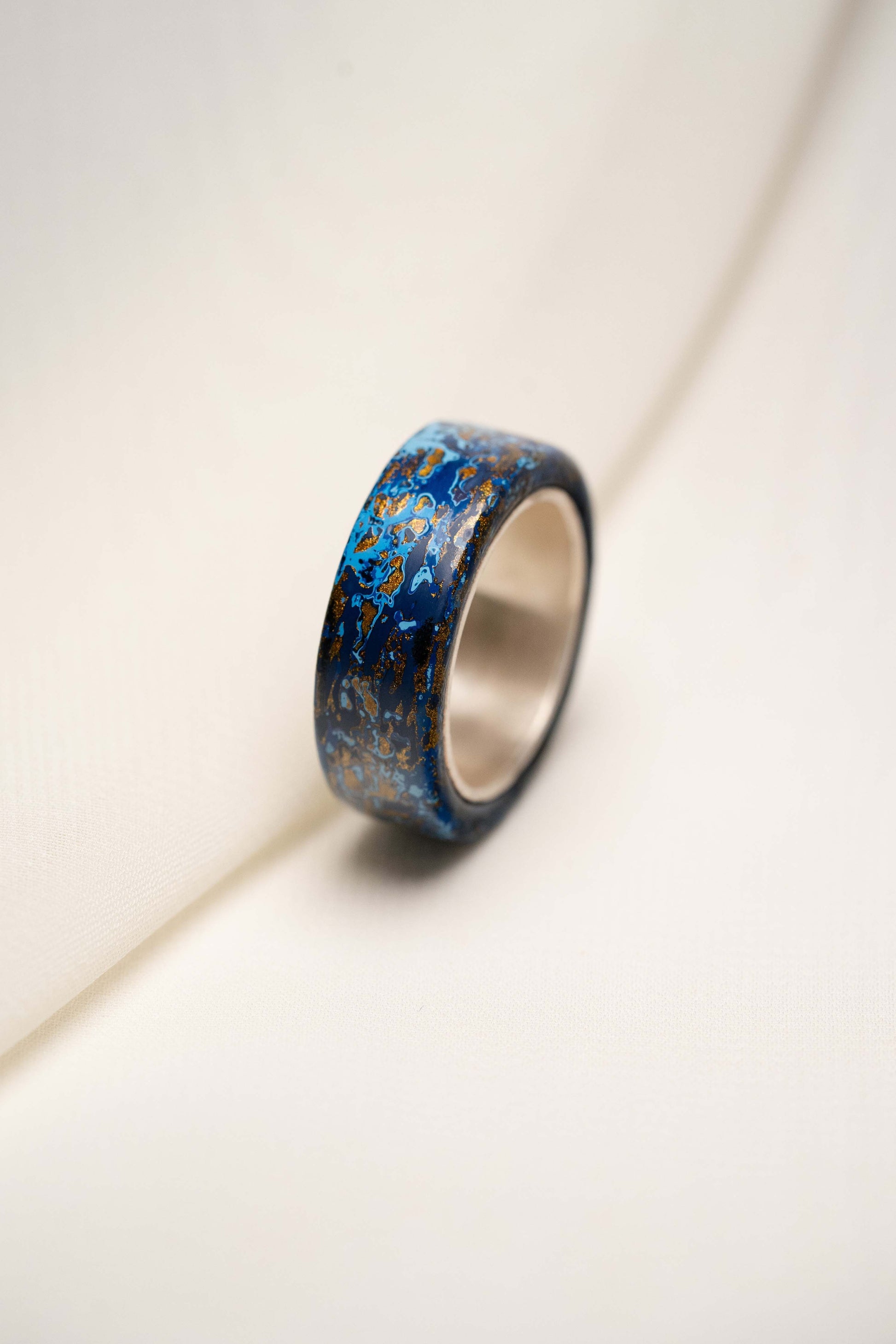 Blue with Light Blue and Gold Lacquer Ring with 925 Silver