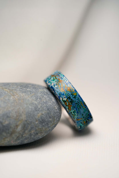 Blue with White and Gold Lacquer Ring with 925 Silver