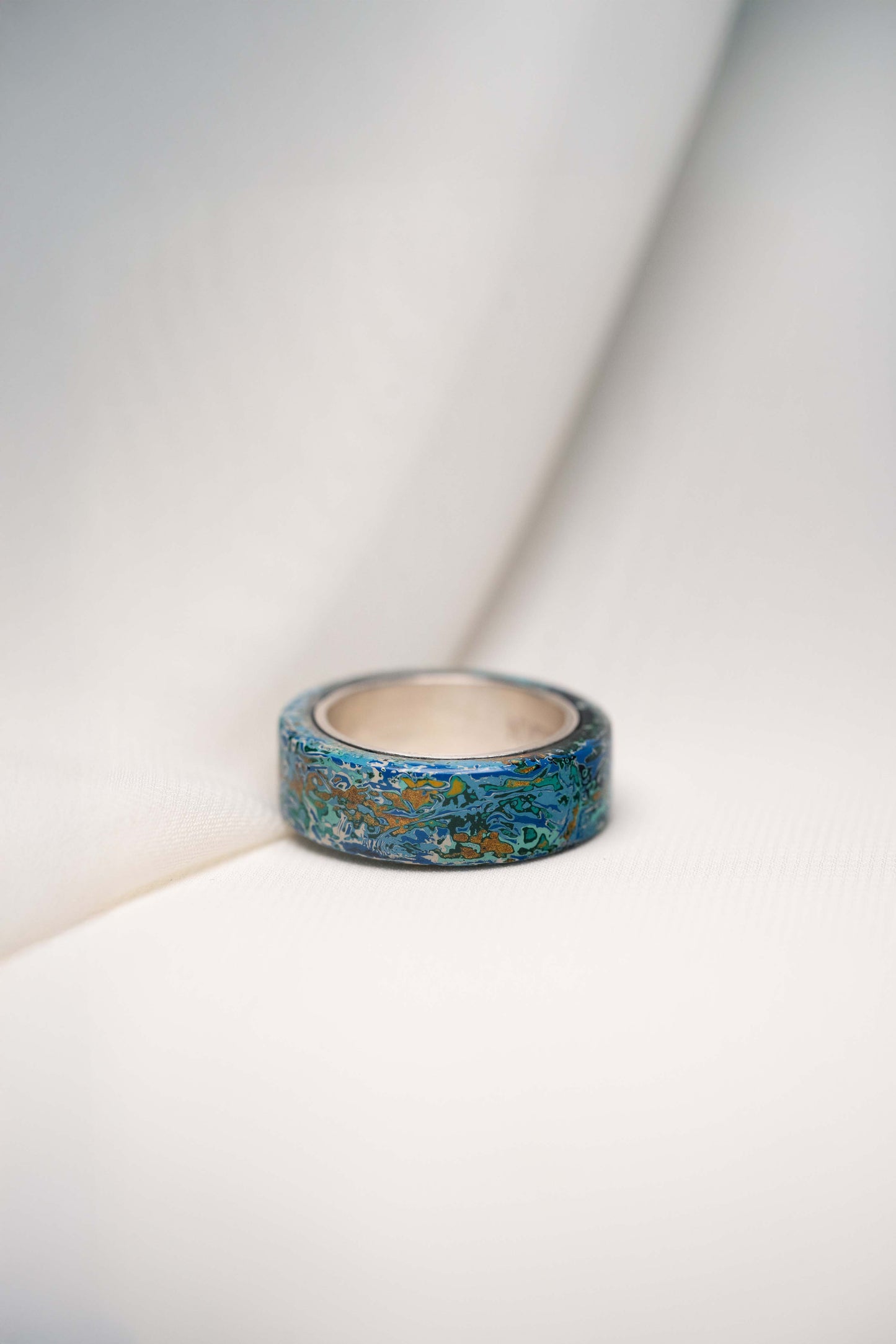 Blue with White and Gold Lacquer Ring with 925 Silver