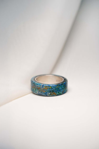 Blue with White and Gold Lacquer Ring with 925 Silver