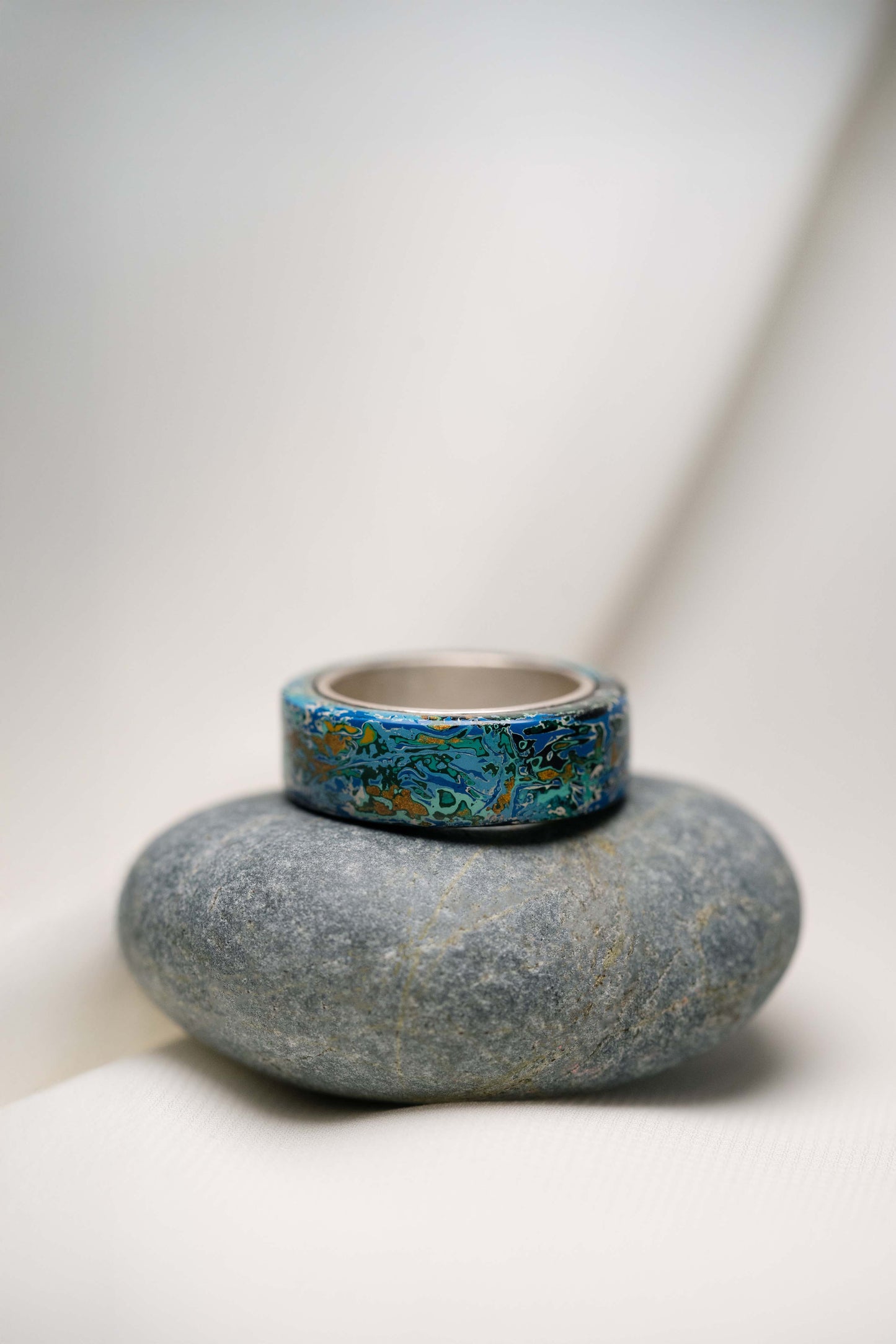 Blue with White and Gold Lacquer Ring with 925 Silver