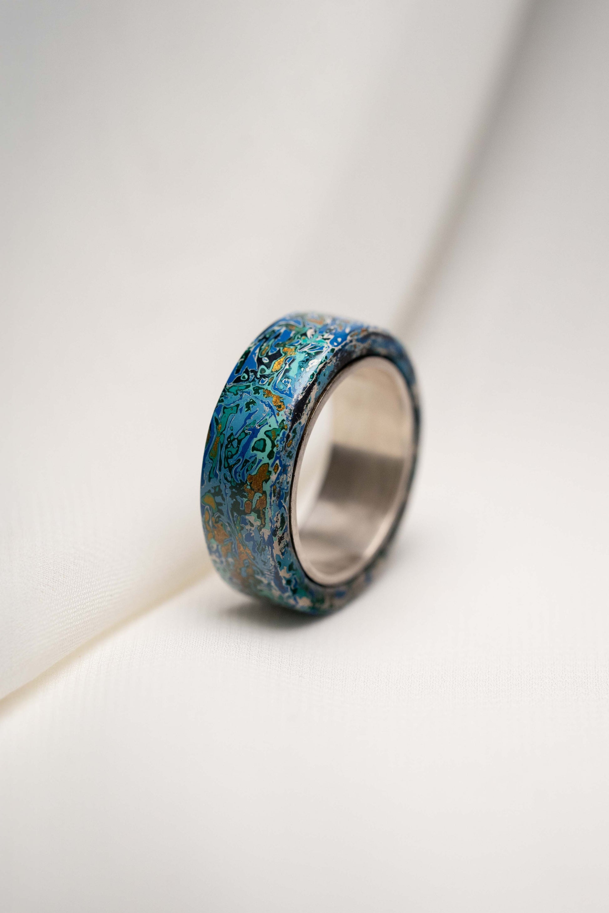 Blue with White and Gold Lacquer Ring with 925 Silver