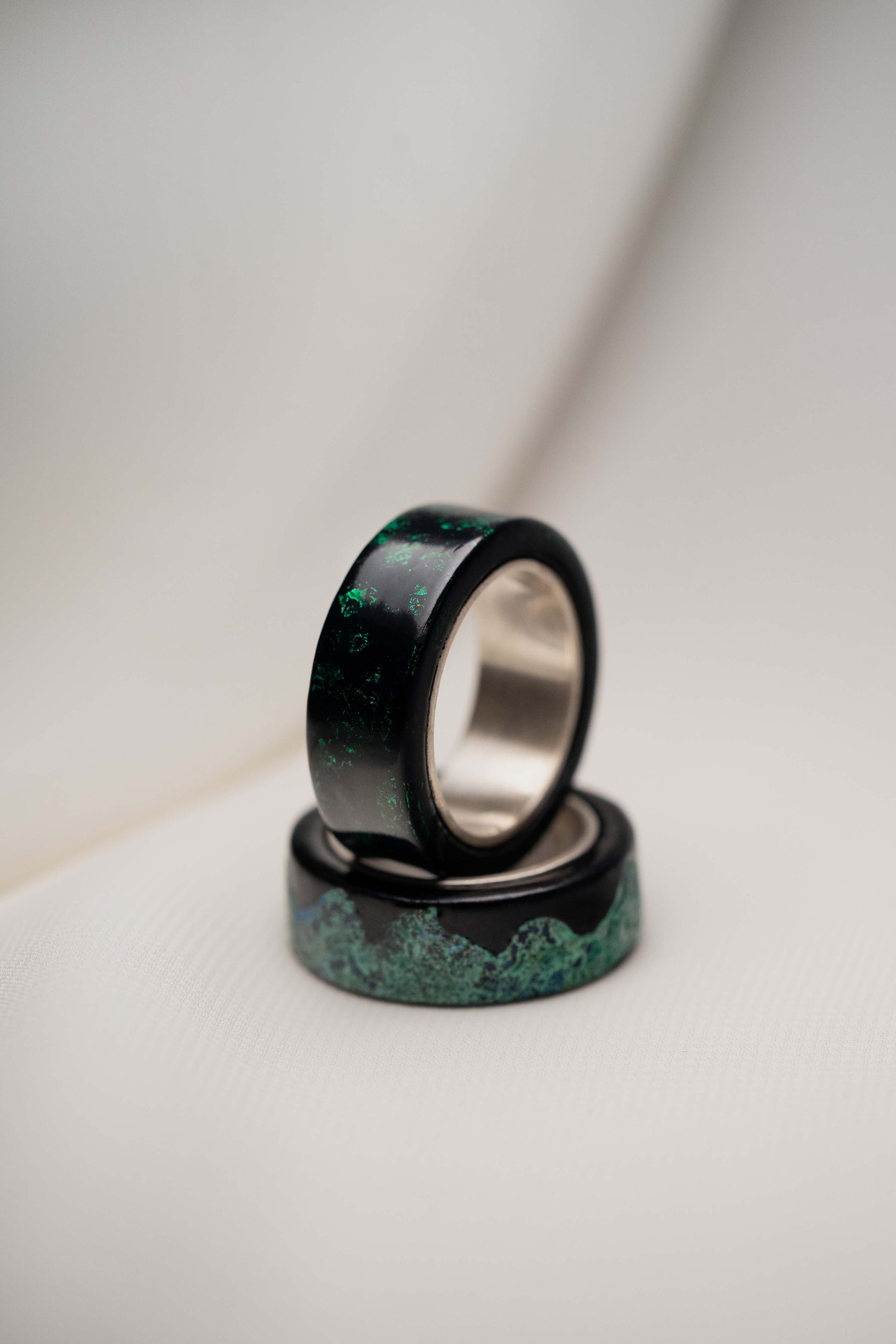 Black with Green Lacquer Ring with 925 Silver