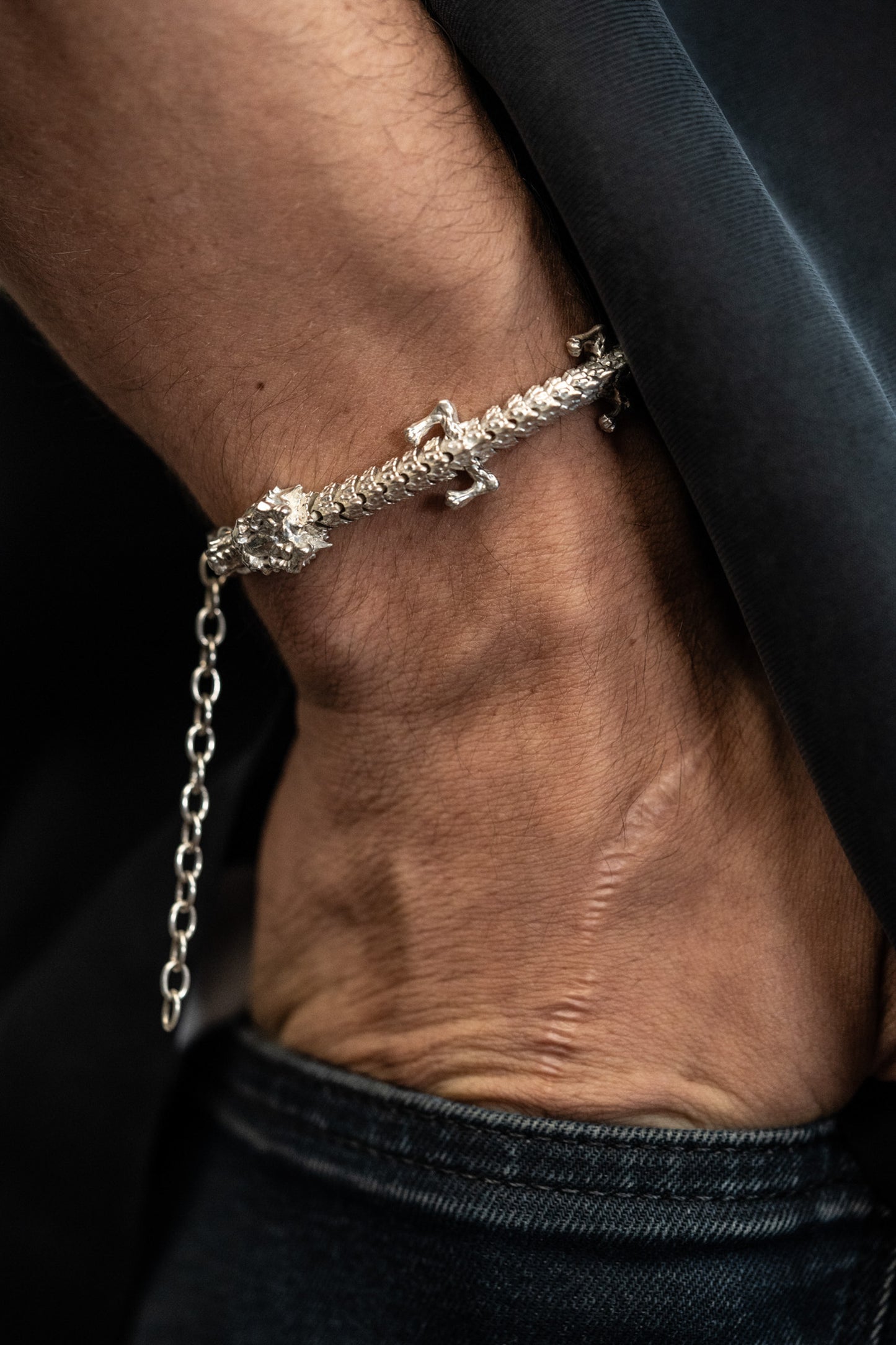 Large 3D Printed Sterling Silver Dragon Bracelet