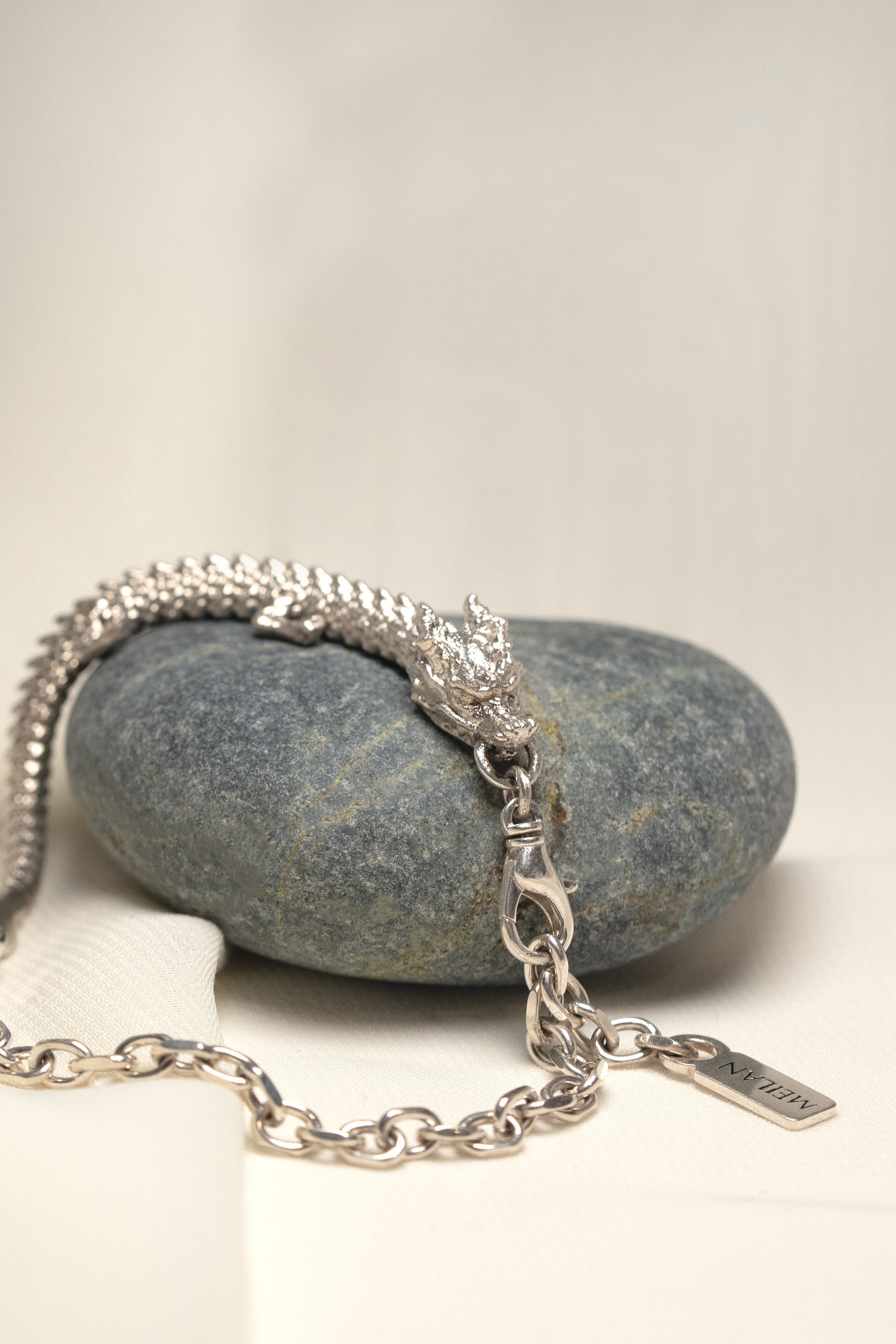 3D Printed Sterling Silver Dragon Bracelet in Medium Size