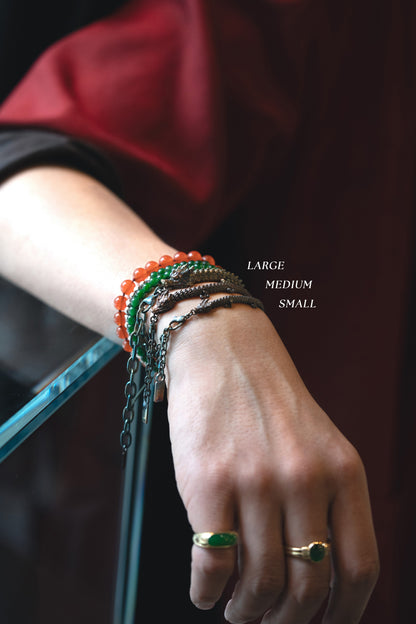 3D Printed Sterling Silver Electroplated Dragon Bracelets in Small, Medium and Large Sizes stacking with Green Jadeite Bead Bracelets and 18K Yellow Gold Green Jadeite Rings