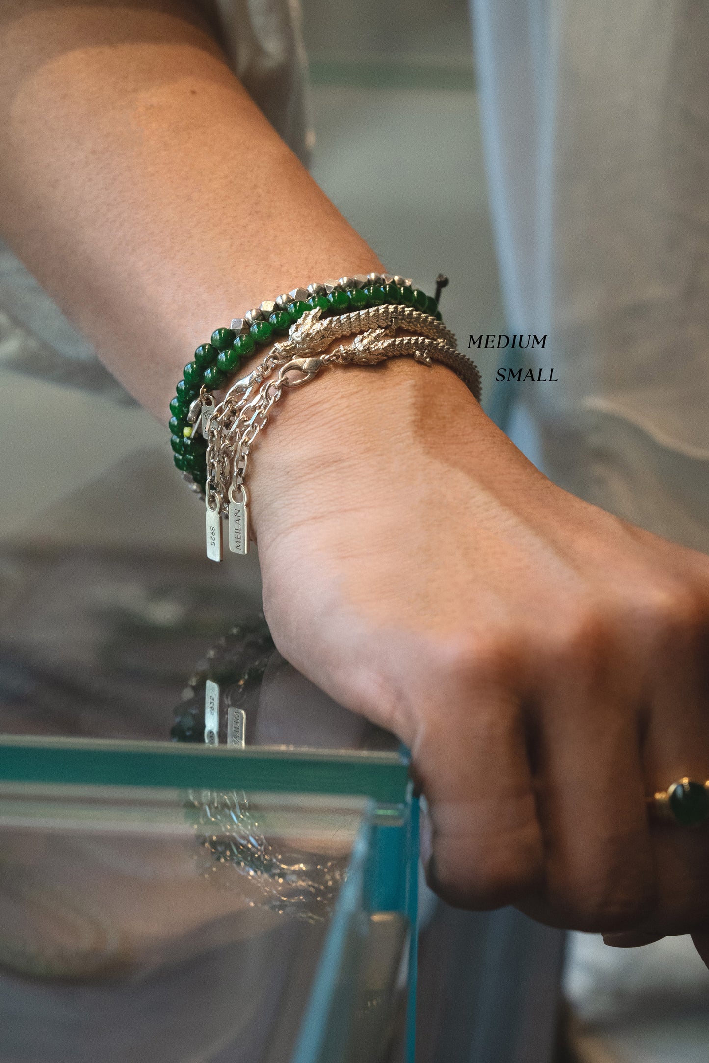 3D Printed Sterling Silver Dragon Bracelet in Small and Medium Sizes stacking with Green Jadeite Bead Bracelets