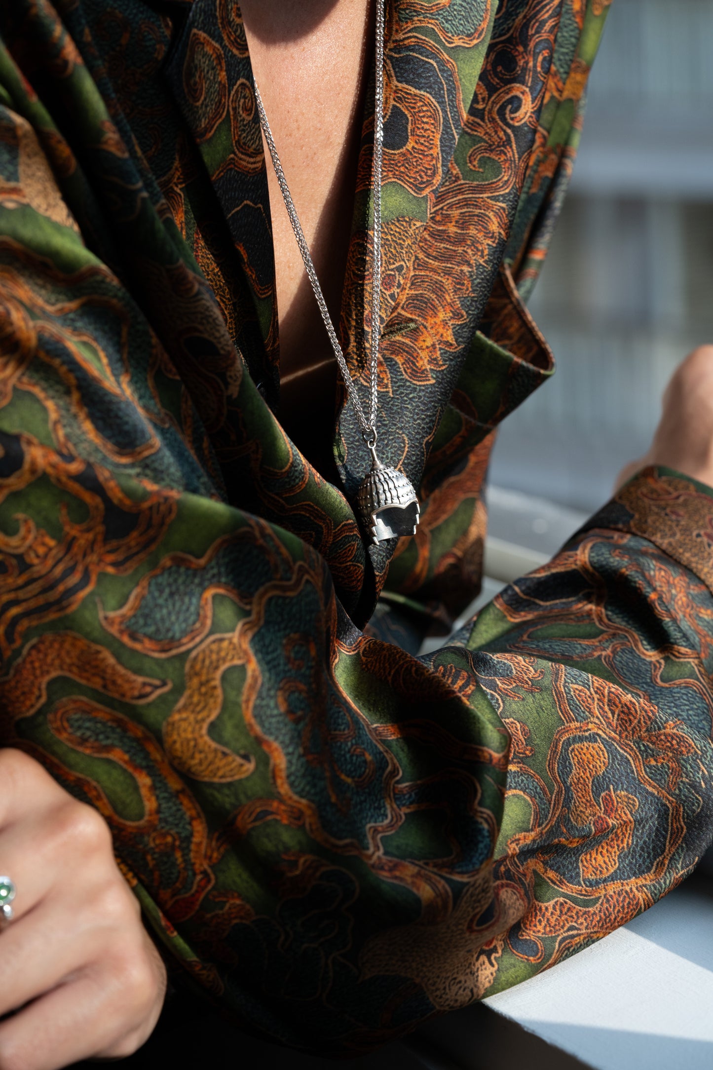 Aged Finish Sterling Silver Armour Pendant in 10g hung on a 925 Silver Chain