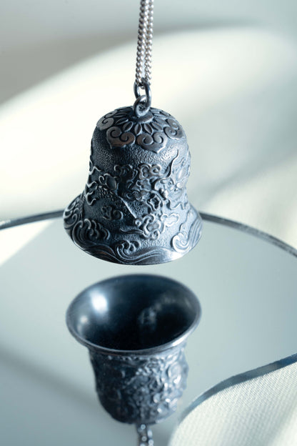 Sterling Silver Bell Pendant with Dragon Engraving in Large size hung on a 925 Silver Chain