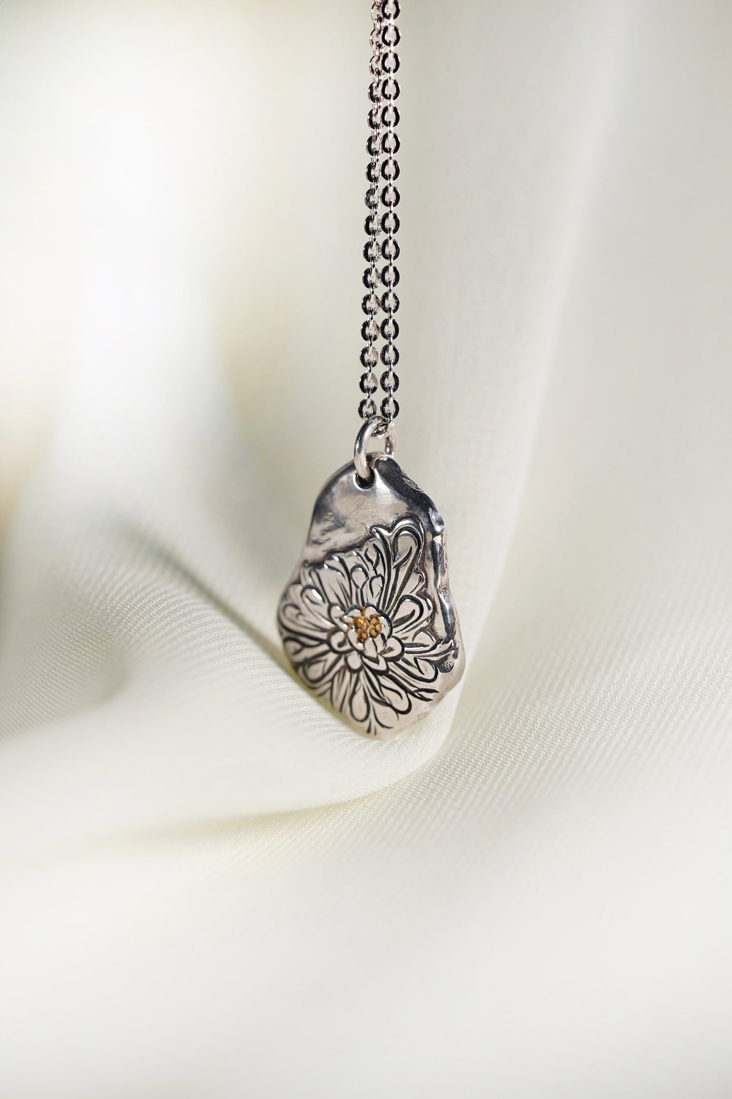 Chrysanthemum Sterling Silver Pendant with 24K Yellow Gold Accent