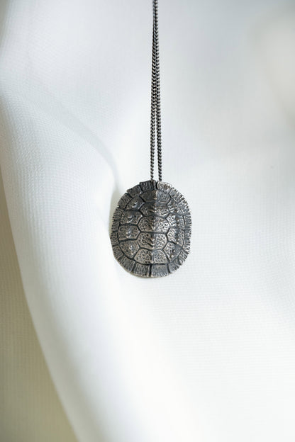925 Silver Turtle Shell Pendant hung on a Black Sterling Silver Chain