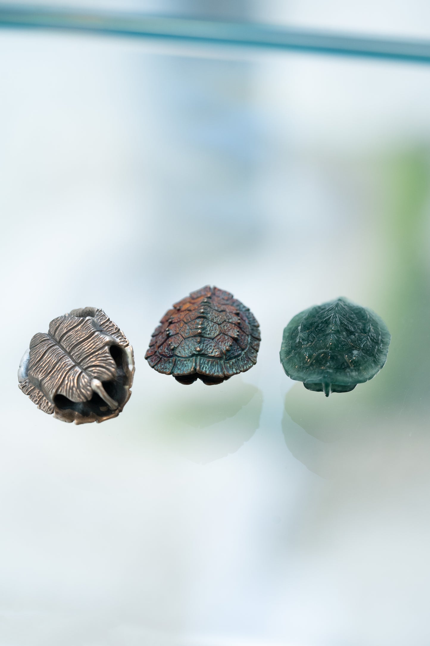 925 Silver Turtle Shell Pendant 
Silver Turtle Shell in Iridescent Finish
Bluish Green Jadeite Turtle Shell Pendant 