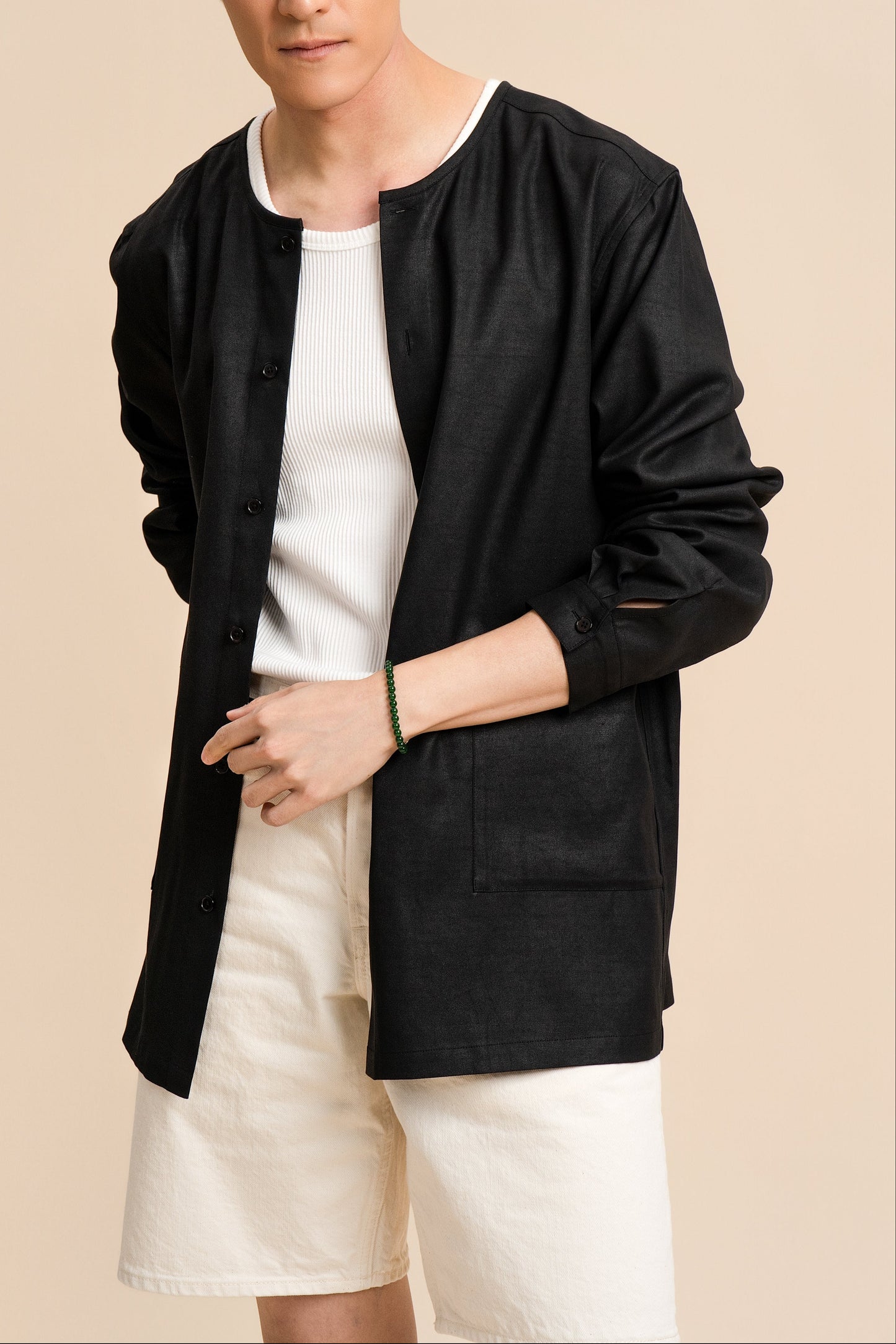 40 Momme Black Silk Round Collar Shirt