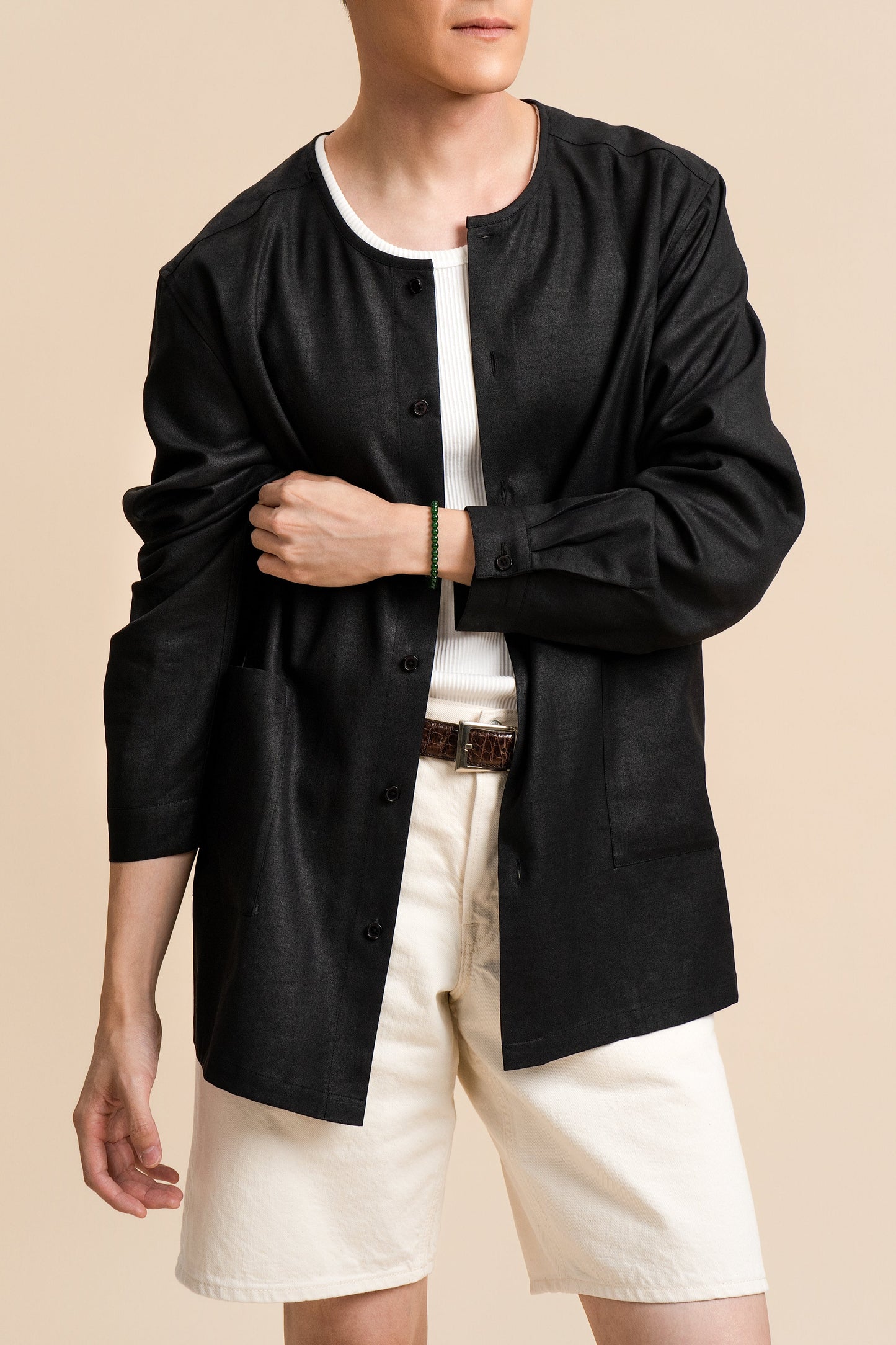 40 Momme Black Silk Round Collar Shirt