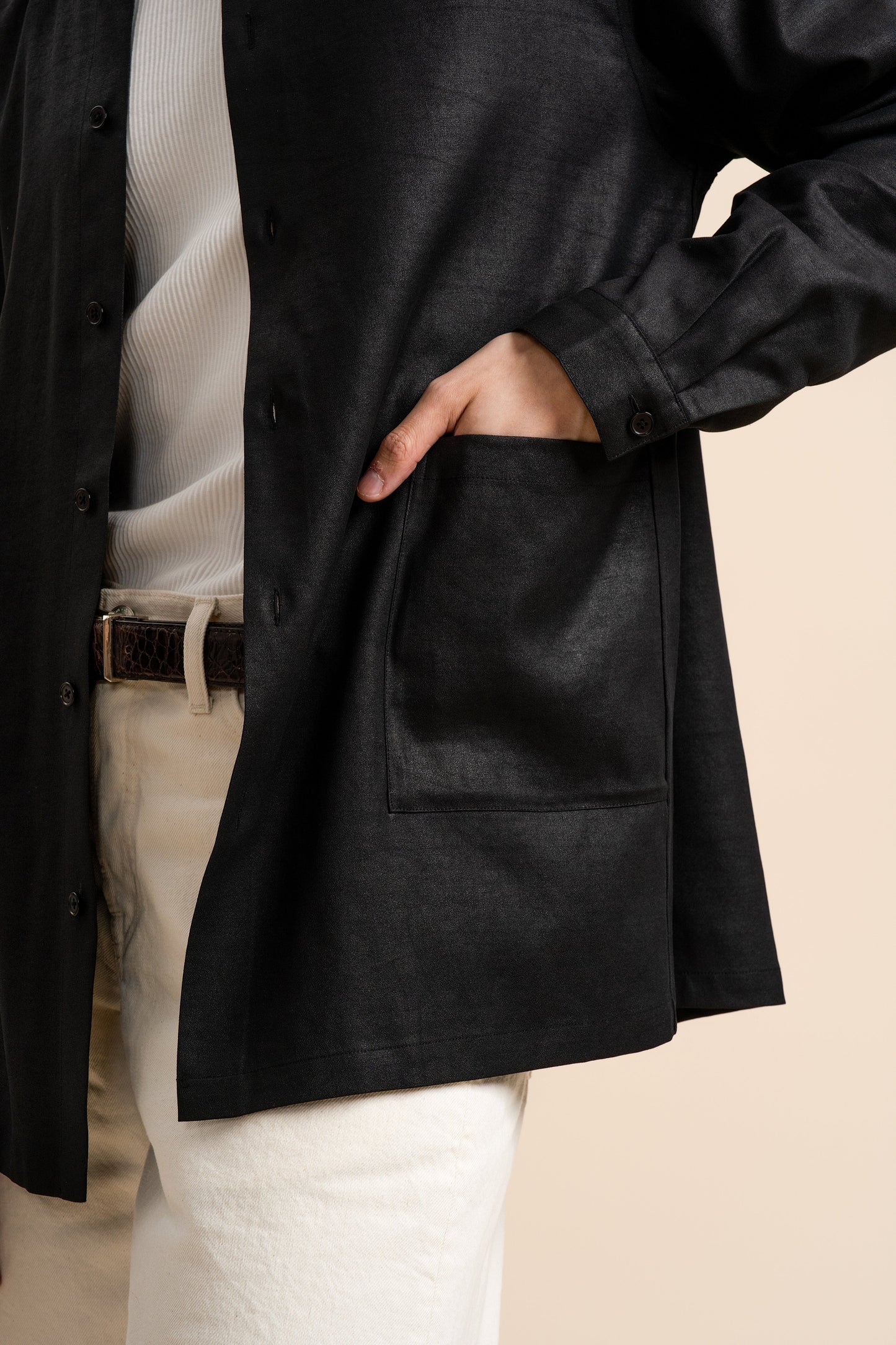 40 Momme Black Silk Round Collar Shirt