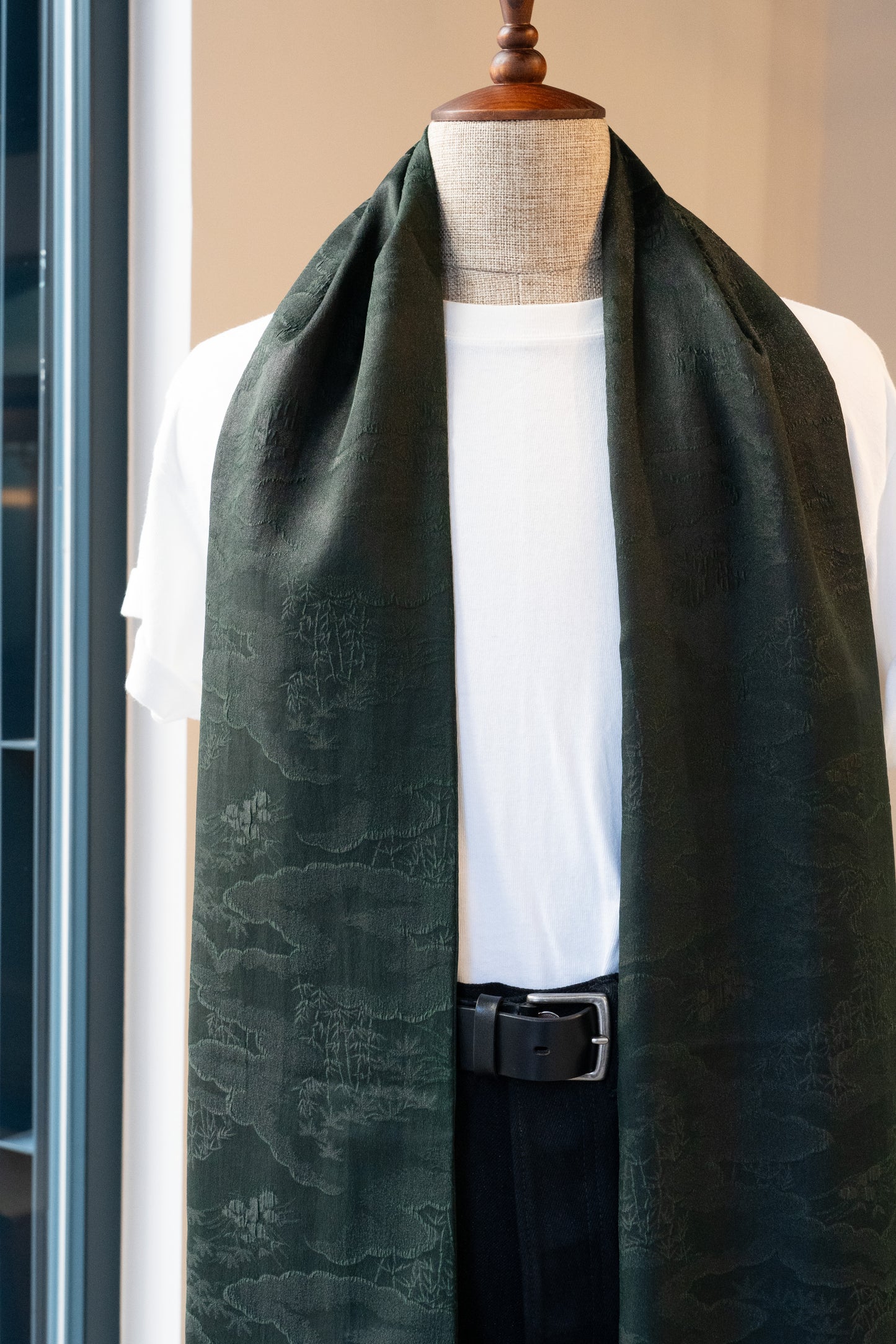 Green Silk Scarf with Bamboo and Clouds